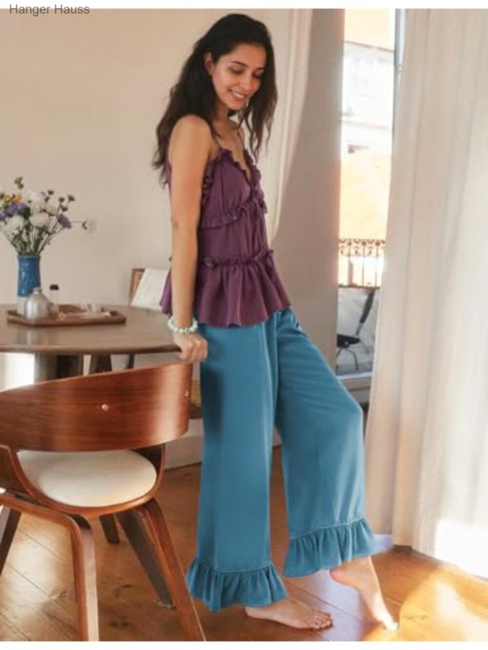 Women's Linen Wide Leg Pants Drawstring Ruffle Hem Trousers Casual Palazzo - Picture 2 of 6